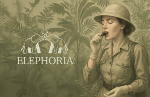 Illustrazione in stile vintage per il brand Elephoria: una donna vestita come i primi esploratori dell'ottocento assaggia un cioccolatino, sullo sfondo un pattern tropicale. Logo con due elefanti stilizzati progettato da Federica Robustellini, visual designer attiva tra Luino, Milano, Varese, Lugano, Ticino e online.